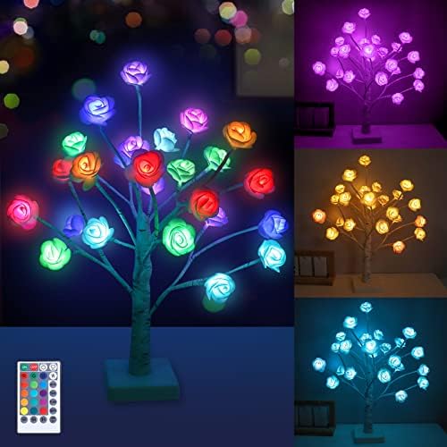 IJG Valentine's Day Tabletop Bonsai Tree Light with Remote Color Changing 24 LED Rose Flower Artificial Tree Lamp, USB Operated Lighted Tree for Home Wedding Bedroom Tabletop Decoration