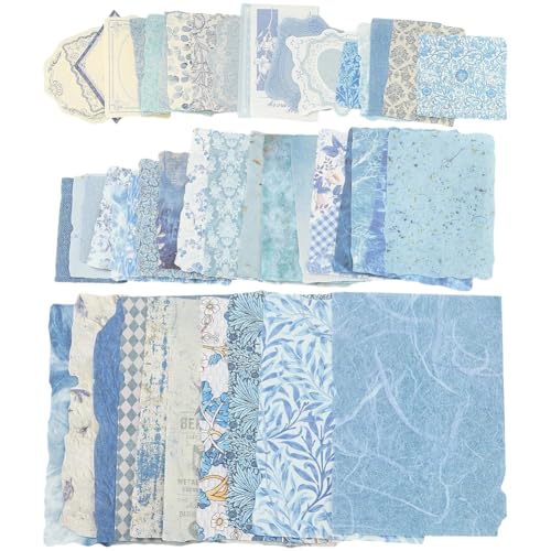 SOFPLATE 50 Stil 100 Blätter Scrapbook Papier Set Collage Papier Scrapbook Großpackung Blau Verschiedene Muster Ästhetische Europäische Journalblätter Für DIY Bastelgeschenke Junk Journal Collage