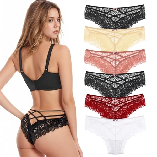 HAGOT 6er Pack String Tanga Set, Damen Spitze Unterhosen, Sexy Dessous Thong Frauen, Atmungsaktiv Slips, Weich Bikini Panties, XL