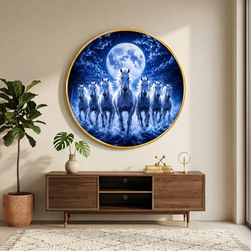 Image of SAF 7 Horse Moon Vastu Round Wall Painting with Premium PVC Golden Frame, Blue Night White Horses Water Art for Living Room Office Home Decor Gift (23 x 23 Inch) GR-456
