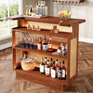 Tribesigns Home Bar Unit 4 Tier Liquor Bar Table Mini Bar with Wine Racks and Glass Holder Farmhouse Bar Cabinet for Home Kitchen Pub Caramel Brown
