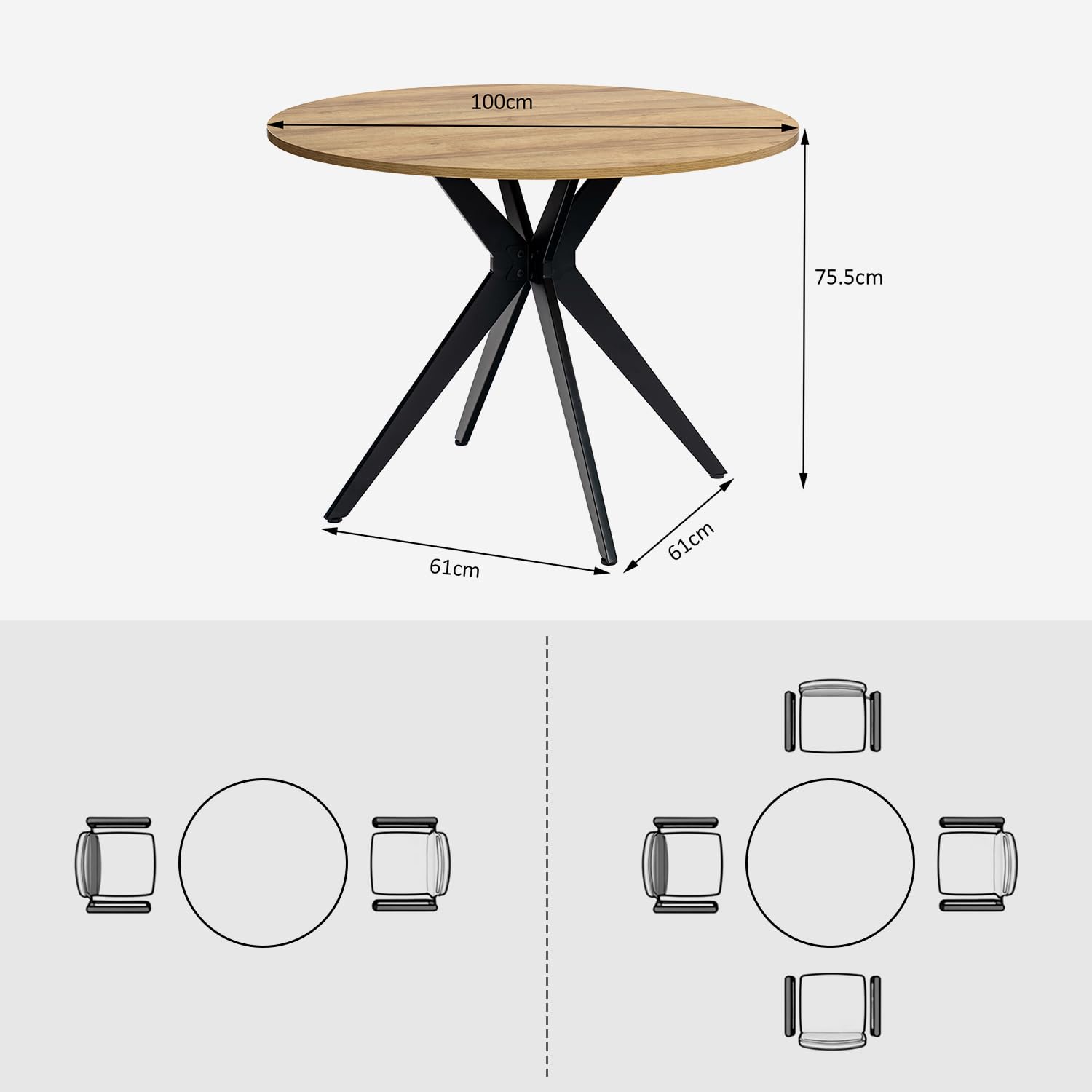 Tavolo da conferenza rotondo in rovere e nero, robusto, in legno e metallo, design compatto e professionale, ideale per riunioni di squadra in ufficio e progetti 100 x 100 x 75 cm