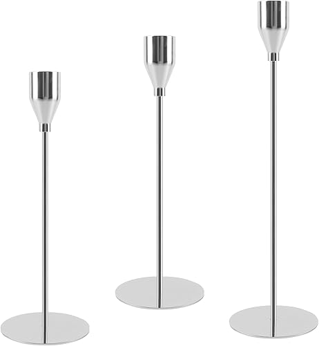 Juego de 3 portavelas plateados, portavelas cónicos de metal, portavelas altos, se adapta a velas LED y velas LED de 0.9 in de grosor, para centro