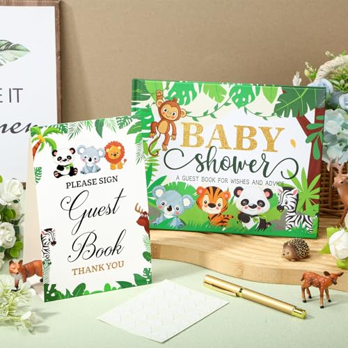 Image of Fuyoooo 27 Pcs Jungle Safari Baby Shower Guest Book Set Baby Shower Sign in Guest Floral Book Place Table Cards with Gold Pen Adhesive Photo Corner for Birthday Party
