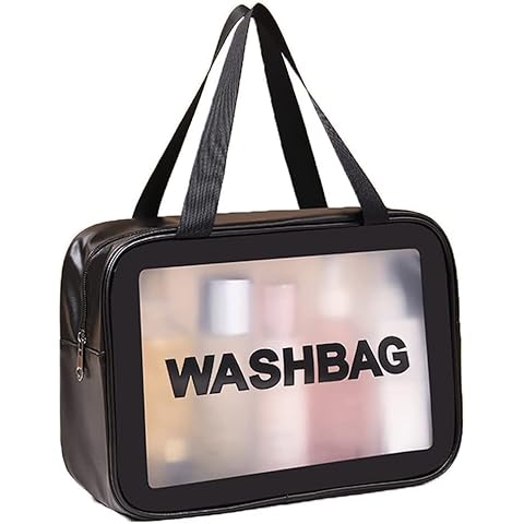 HNQH Clear Toiletry Bag, Transparent Travel Wash Bag Come with 1 Set of Travel Dispenser Bottles, Waterproof Clear Cosmetic Bags for Woman (Black) Cover