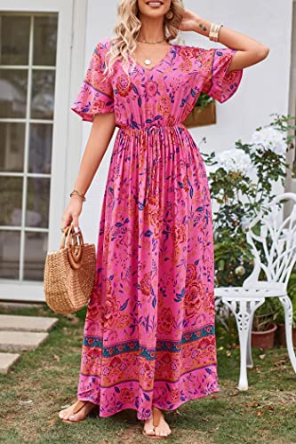 Image of PRETTYGARDEN Women's Casual Summer Boho Floral Print Dress V Neck Short Sleeve High Waist Long Maxi Beach Dresses