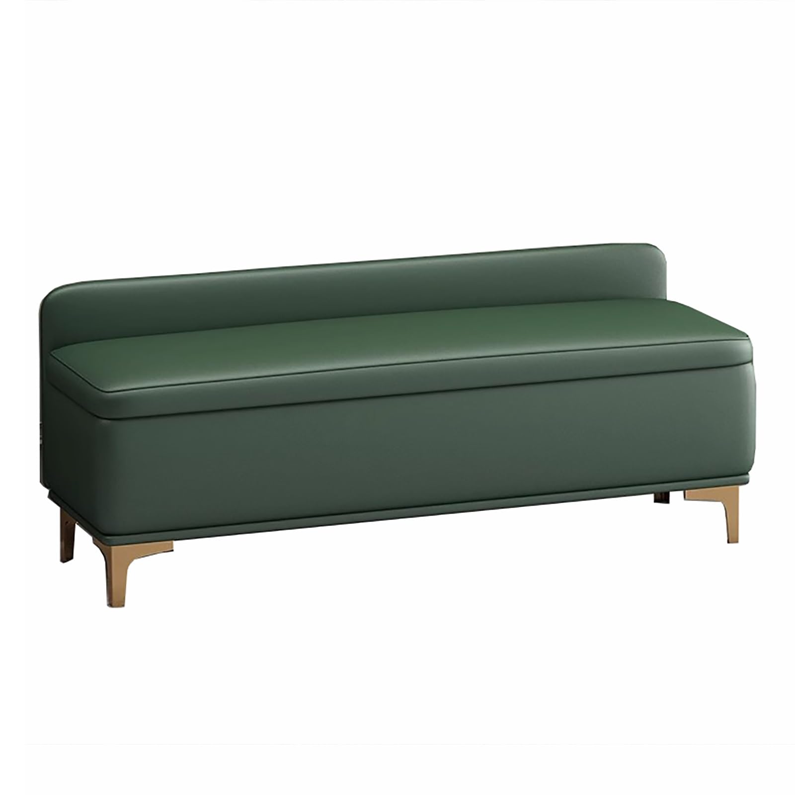 Banc de rangement rembourré vert avec pieds métalliques pour optimiser votre chambre