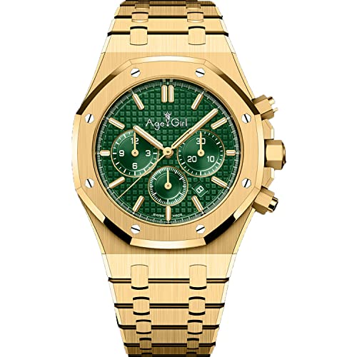 DTREEL AAA+ Reloj de Lujo para Hombre Reloj Deportivo para Hombre 41mm Bisel de Oro Amarillo Esfera Verde con Correa de Oro Amarillo con F