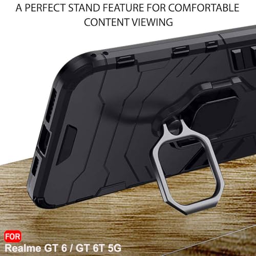 Image of TheGiftKart Tough Armor Bumper Back Case Cover for Realme GT 6 / GT 6T 5G | Ring Holder & Kickstand in-Built | 360 Degree Protection Back Case Cover for Realme GT 6 / GT 6T 5G (PC & TPU, Black)