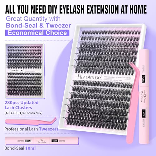 Image of Pawotence Lash Extension Kit Individual Lash Clusters Kit 40D 50D Eyelash Extension Kit 8-16mm Eyelash Clusters with Lash Bond and Seal, Lash Tweezers for Beginners (40D&50D, 0.07D, 8-16mm, Kit)