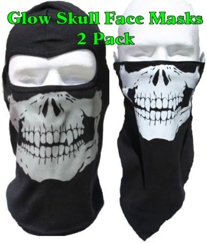 TWO GLOW SKULL MOTORCYCLE SKI paintball hood & half FACE MASK 2pk set