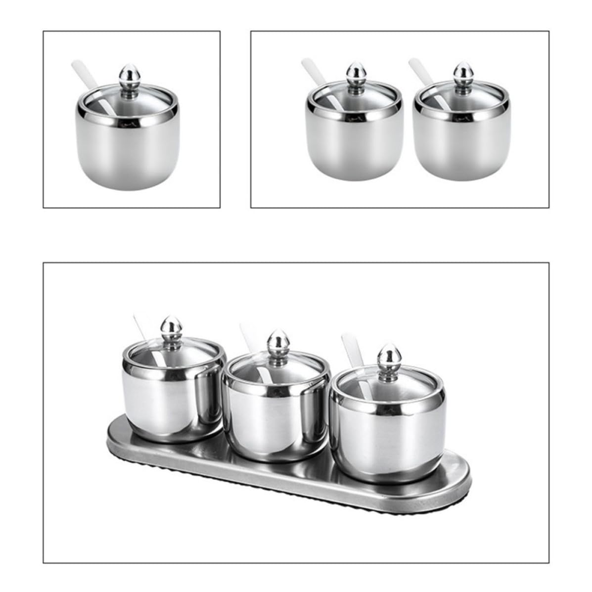 Barattoli per Spezie in Acciaio Inox 304 con Base, Contenitori Condimenti Multifunzionali e Alimentari, Design Moderno Argento per Buffet e Tea Party