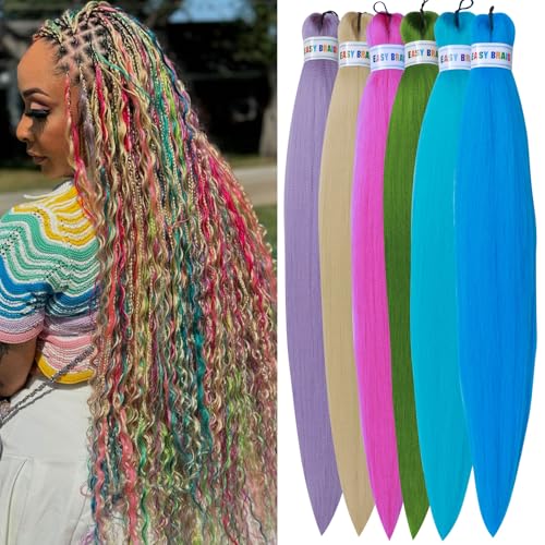 Ms Aloe Colorful Braiding Hair Pre Stretched Multi Color Pre Stretched Braiding Hair for Boho Braids 26inch 6packs Hot Water Setting Colored Prestretched Braiding Hair