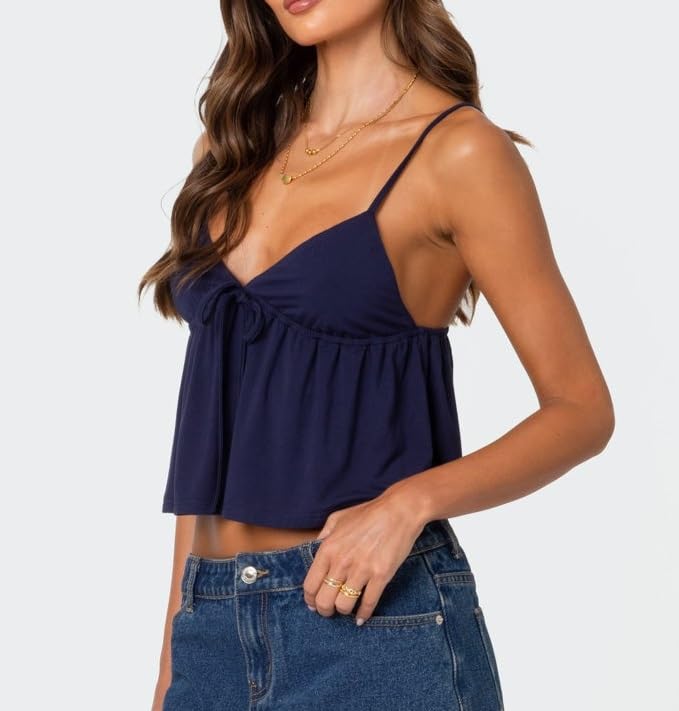 Babydoll Tops for Women Cute Spaghetti Strap Front Tie Tank Top Summer Going Out Flowy Hem Cami Tops2