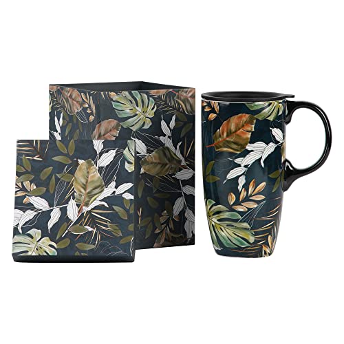 Topadorn Ceramic Travel Mug Porcelain Coffee Mug with Gift Box, 17oz Large Capacity Mug Home Office Gift, Leaf