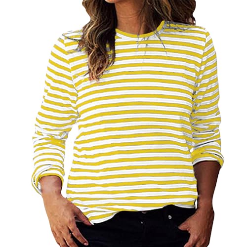 Camisetas de cuello redondo para mujer, para verano, otoño, manga larga, gráfica, ajuste holgado, a rayas, camisetas para mujer 2024 Y2K, Y-086 Amarillo mostaza, S