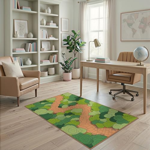 ODIKA 4'x6' Washable Flatwoven Rug, Green Geometric Plant Easy Care Throw Carpet Stain Resistant Low Profile Floor Covering for Dorm Room, Small Living Room, Apartment | Ref:2025266
