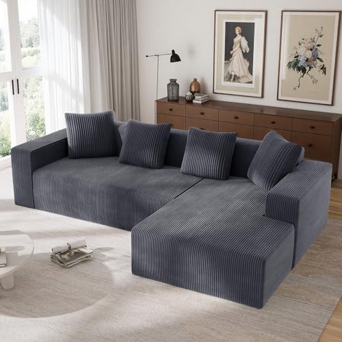 Zubaliya Divano ad angolo moderno a forma di L, divano completamente compresso, senza struttura in legno, divano a 3 posti per soggiorno e camera da letto, velluto a coste (grigio)