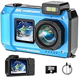 immagine prodotto Fotocamera subacquea, 8 K, UHD, robusta, impermeabile, antipolvere, antiurto, con scheda da 32 GB, 70 MP, autofocus selfie con due schermi, fotocamera subacquea da 33 m, per snorkeling, blu