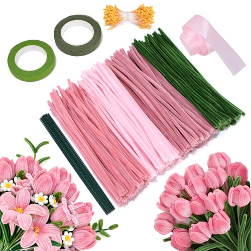 Pipe Cleaners for Craft Flowers 300PCS 30cm Chenille Stems Pipecleaners Kit with Flower Stems Stamens Floral Tape & Ribbon for DIY Flowers Kids Crafts & School Projects Adult Handmade Gift