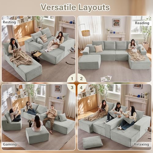 Image of Lakifun 135 inch U-Shape Cloud Couch, Modern Modular Sectional Comfy L-Shape Sofa with Ottoman, Deep Seat, Upholstered Corduroy Sleeper Chaise Longue for Living Room Bedroom, No Assembly Required, Grey