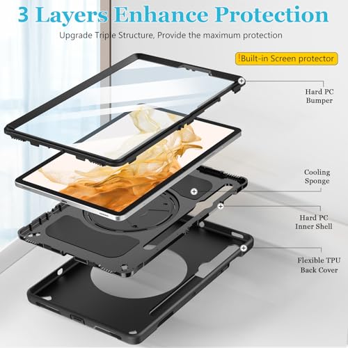 Image of Case for Samsung Tab S8 /S7 11 Inch 2022 /2020: TPU Protective Cover for Galaxy Tablet S8 /S7 11 Inch 2022 /2020 with Stand - Handle - Shoulder Strap - S-Pen Holder -Black