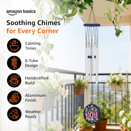 Image of Amazon Basics Handcrafted Designer Wind Chimes for Balcony & Home Decor | Soothing Sound | Metal Hanging Showpiece | Color: Silver | Material: Aluminum | Size: 65L x 9W x 9H cms