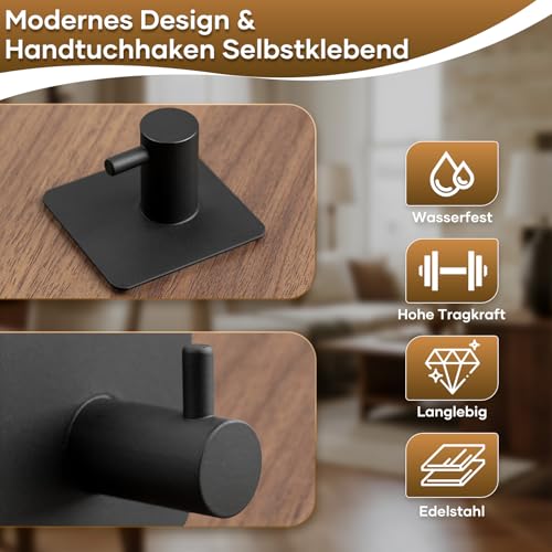 Timzeit Handtuchhalter ohne Bohren - 6er set Handtuchhaken schwarz Badezimmer Handtuchhalter aus Edelstahl Selbstklebender Wandhaken mit 3M-Klebehaken hohe Tragkraft Wasserfeste Haken für Bad