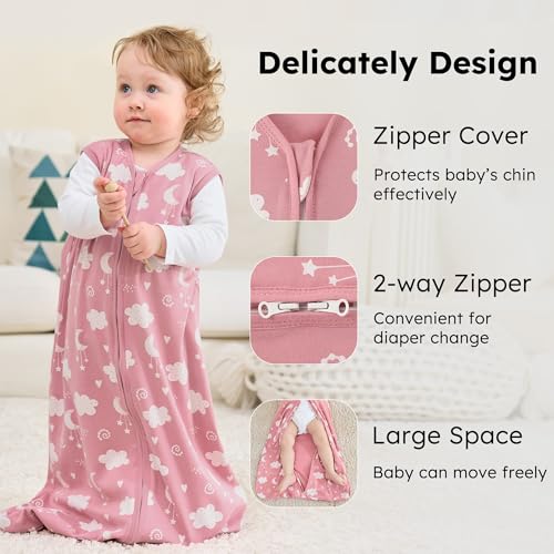 Image of Baby Sleep Sack 12-18 months, 100% Cotton Sleeping Sack for Toddler, 3 Pack Baby Wearable Blanket, 0.5 Tog Lightweight Double Zipper Sleep Bag Large Pink Stars Moon