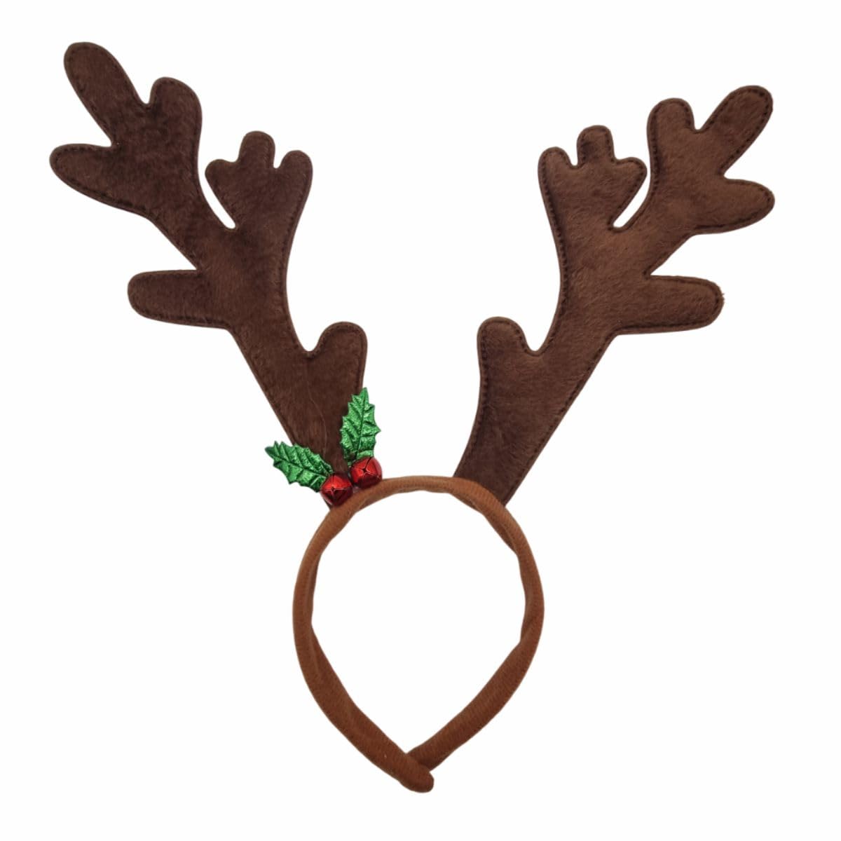 schone Christmas Reindeer Antlers Headband - Festive Adult Holiday Costume Accessory with Holly & Red Jingle Bells - One Size Fits All