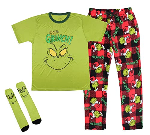Dr. Seuss GRINCH Men's Pajama Pants Shirt and Socks 3 Piece Pajama Set2