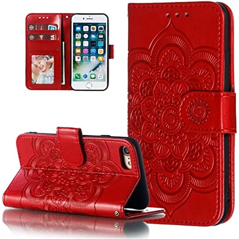 EYZUTAK Case for iPhone SE(5G) 2022 iPhone 7 iPhone 8 iPhone SE 2020, Premium Flip Wallet Shockproof Phone Case PU Leather Mandala Embossed Design with Kickstand Card Holder Protective Cover - Red Cover