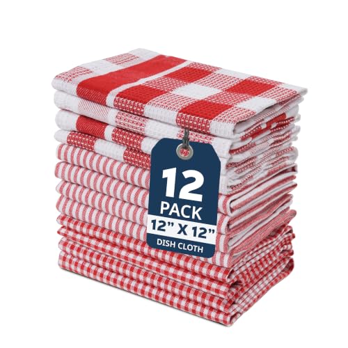 Image of LANE LINEN 100% Cotton Kitchen Dish Cloths, Ultra Soft Absorbent Quick Drying Dish Towels, Multiweave Wash Cloths Dish Towel Sets, 13x13 Inches, 12 Pack - Red