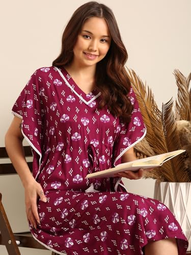 Image of Rupa Jon Aishwarya Women Full Length Printed Kaftan Nighty in Premium Cotton Blend Fabric, Night Dress, Maxi Nighty for Comfortable Everyday Wear