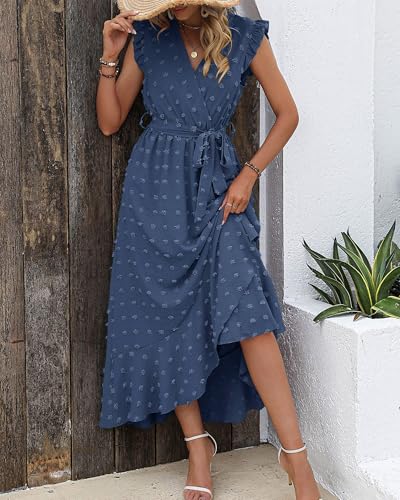 BTFBM Women V Neck Summer Dress 2025 Cap Sleeve Swiss Dot Boho Flowy Ruffle Slit Beach Party Long Maxi Cocktail Dresses2