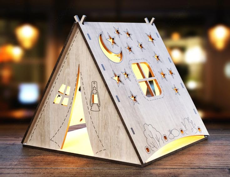 Image of Quace Wooden Tent Shape Night Light Lamp Laser Cutting Camping Tent Home Night Light