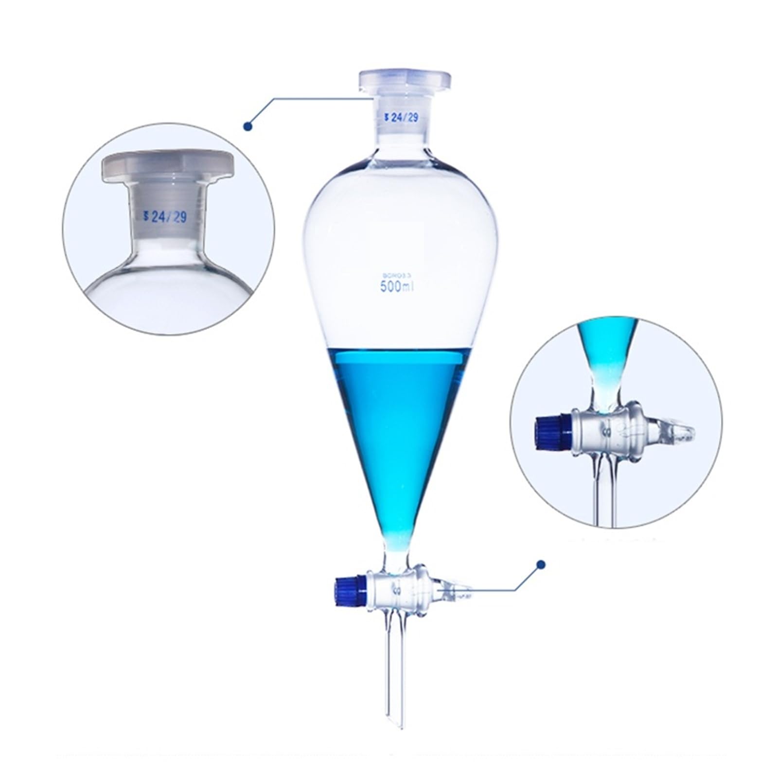 1 pz da 30 ml a 1000 ml imbuto conico separatore a forma di pera con vetreria da laboratorio in vetro a pistone smerigliato(500ml No.24 caliber)