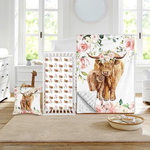 Image of Duckbe Baby Crib Bedding Set - Highland Cow Design Nursery Bed 3 Pcs Set - Chic Soft Blanket with Dotted Backing, Sheet, Pillowcase for Newborns Girls Boys Gifts Color01