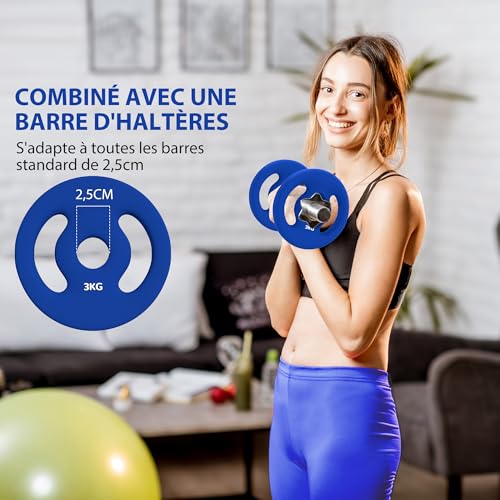 SPORTNOW Lot de 2 plaques de poids, 2 x 3 kg, disques d'haltères, pour barres Ø 2,5 cm, avec poignées faciles à saisir, pour la maison, la salle de sport, l'haltérophilie, en métal, bleu – Image 5