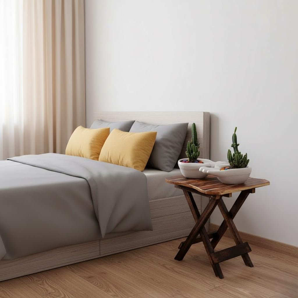 Solid Wood Folding Side Table for Living Room | Modern Coffee Table | Portable End Table for Sofa & Bedside | Compact Wooden Tea Table for Home Decor | Space Saving Side Table, Decorative Plant Stand