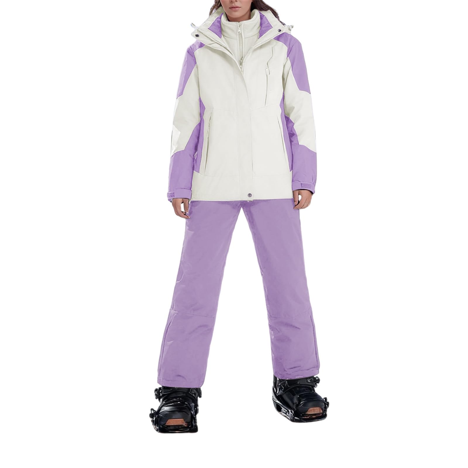 Generisch Damen Skianzug Winddicht Schneeanzug Langarm Ski Jacke mit Kapuze und Winterhose Bekleidungsset Ski Anzug Verdicken Schneemantel Schneehose 2-teiliges Sett, zum Skifahren und Winter