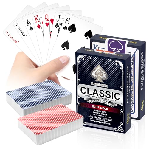Klerbesh 2 Unidades Rojo y Azul Cartas de Póker de Plástico Impermeables, Baraja de Cartas para Texas Holdem, Blackjack, Bridge y Mus, Fiestas y Juegos Familiares (Rojo&Azul)
