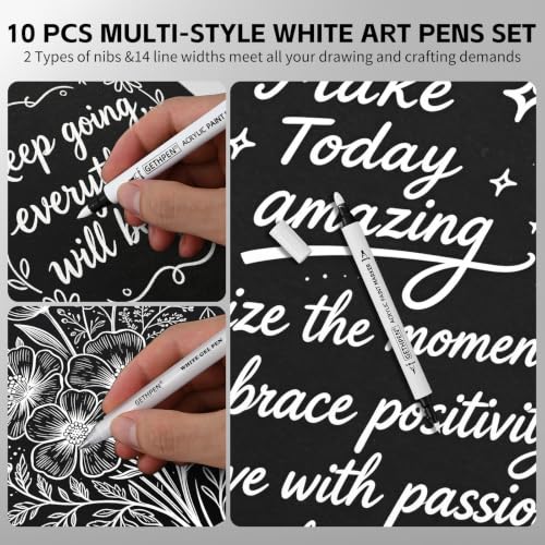 Image of GETHPEN White Ink Pens Set, Gel Pen & Dual-Tip Acrylic Markers 10 Pack
