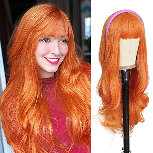 AISI QUEENS Orange Ginger Wig with Bangs Long Wavy Wig for Women Halloween Daphne Cosplay Wig Use Heat Resistant Synthetic (26inch Orange)