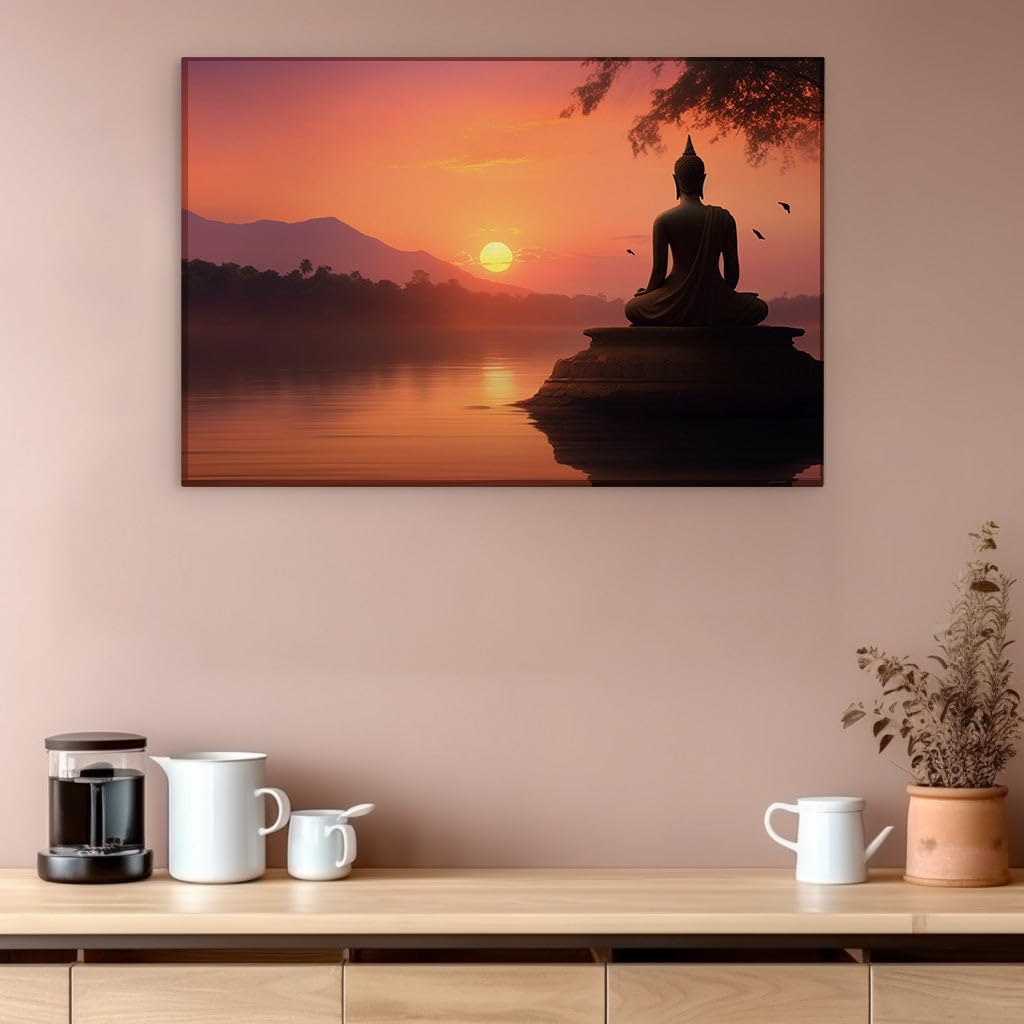 Tranquil Buddha Silhouette Against Sunset, Inspiring Mindfulness and Peace Large, Decor, Office, Bedroom Wall. Size: 130x86 cm (51x34 inch) Canvas Wall Art - Modern Home Decor