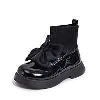 FREECOZYER Kids Boots Girls Black Ankle Boots with Knitted Bowknot Socks Winter Pull On School Shoes for Little Kid Big Kid Girls