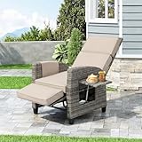 TIMSATIO Outdoor Patio Recliner Chair, Independent Adjustable Backrest up to Lay Flat Reclining Chair & Extended Footrest, Flip-Up Side Table, Removable Cushion for Porch Balcony Garden Poolside (1)