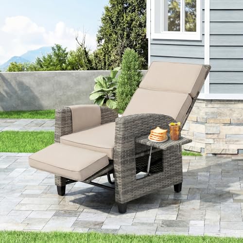 TIMSATIO Outdoor Patio Recliner Chair,Adjustable Backrest up to Lay Flat Reclining Chair & Extended Footrest, Flip-Up Side Table, Removable Cushion for Porch Balcony Garden Poolside (1)