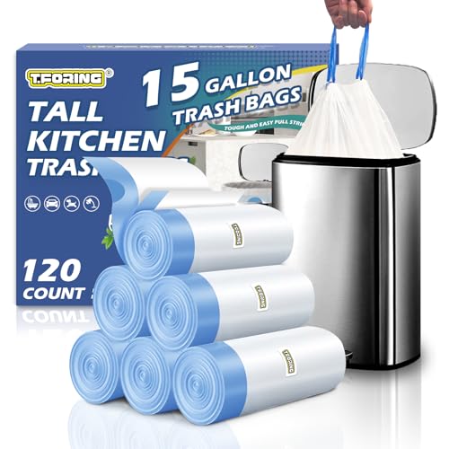 T.FORING 15 Gallon Trash Compactor Bags with Drawstring 1.7 Mil 120 Count