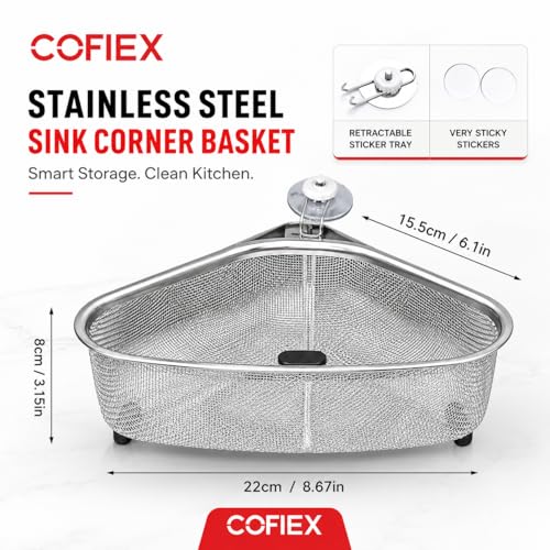 Image of Stainless Steel Sink Corner Strainer Triangle Drainer Basket & Shelf Organizer - Rust-Resistant Corner Rack for Kitchen Sink, Multi-Use Soap, Sponge, Fruit & Vegetable Holder